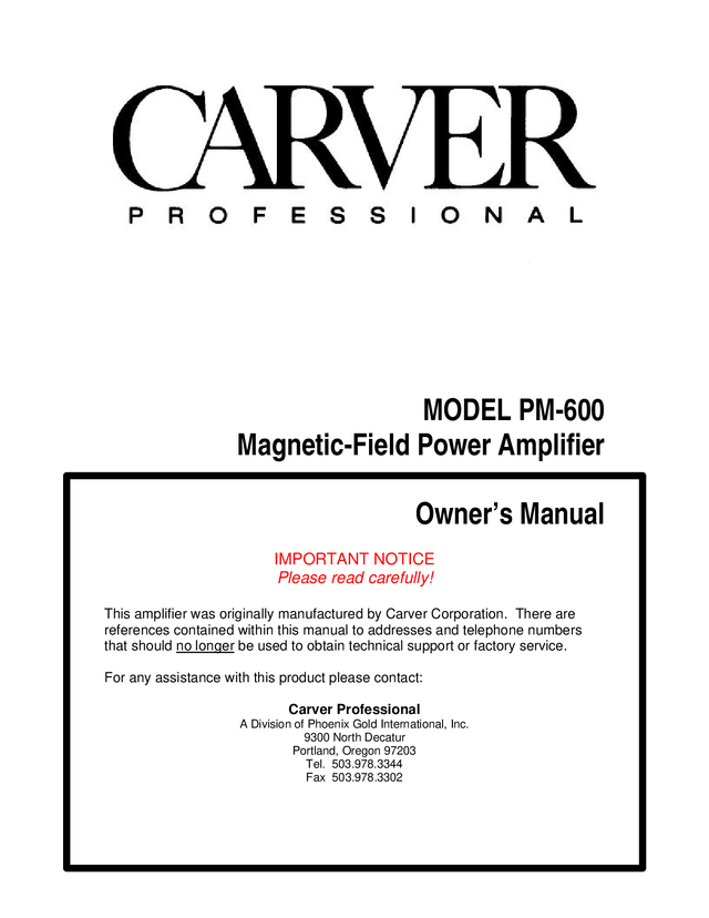 Manual Esquemático Carver PM600 - Amplificador (PDF)